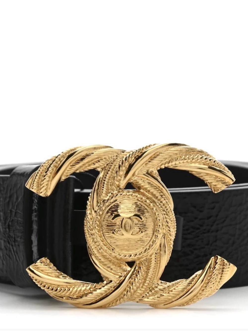 CHANEL Black Leather Belt with Textured Gold CC Buckle